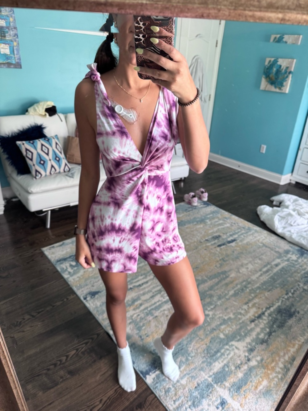 BCBGeneration Lilac Tie-Dye Twist-Front Romper